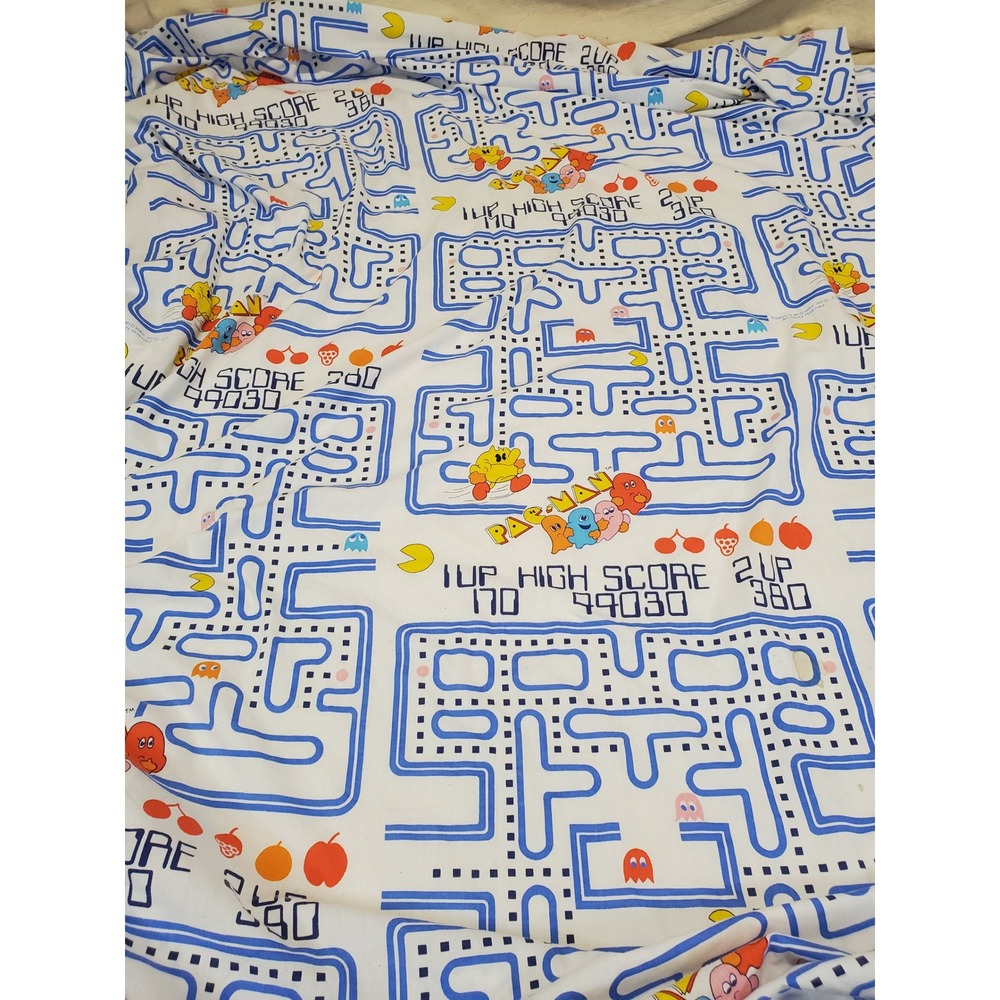 Vintage Danville 1980s White Blue Pac-Man Ghosts Fabric Twin Flat Sheet Gamer